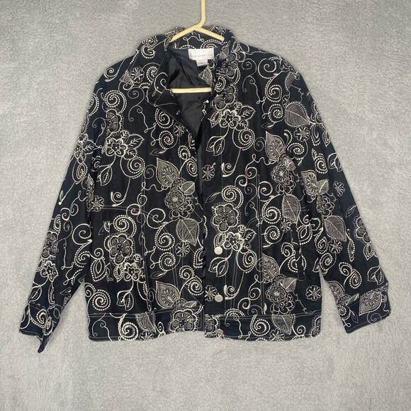 Susan Graver style embroidered linen blend blazer jacket black button FLAWED L - Picture 1 of 7